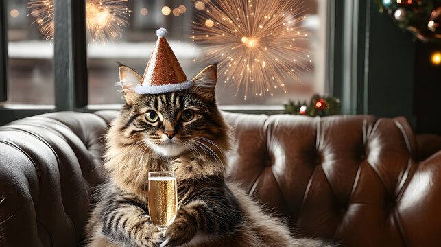 Playful cartoon cat enjoying New Year&rsquo;s Eve party, festive sparkling drink and shiny hat, colorful fireworks exploding in background, joyful celebration in vibrant modern 3D digital artwork illustrati