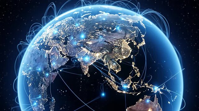 Global Network Connectivity - A digital globe is illustrated, showcasing global connectivity with network lines and nodes connecting various points across the Earth.