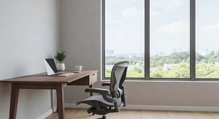 Modern Office Setup with Desk, Laptop, Chair, and View - Perfect for Productivity and Work Whisk_e35b69775e97ca3b1f143ffc836fe20cdr
