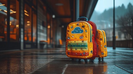 Bright red kids' travel trolley with rainbow designs standing on a school bus stop next to a backpack symbolizing excitement for a holiday journey