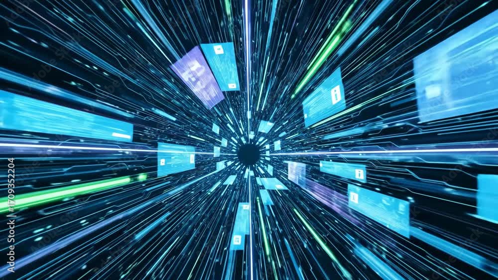 Poster Digital Data Stream Tunnel - Abstract visualization of data traveling through a digital tunnel, depicted with vibrant blue and green lines and rectangular data packets.