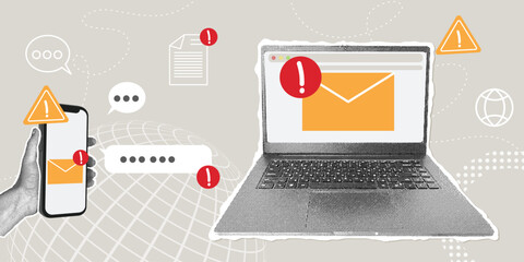 Trendy halftone collage. Phishing scam warning. Email and mobile phone alerts. Data breach concept, hacking attempts, online security.