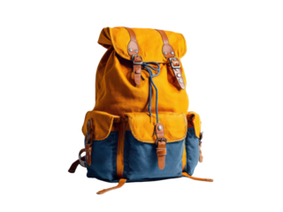 Yellow blue canvas leather strapped backpack straps buckles
