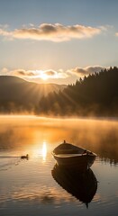 Serene sunrise over a tranquil lake, a small boat gently rests on the water, reflecting the golden light.