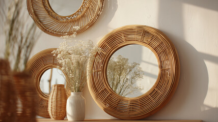 Round rattan mirrors with dried flowers and vase