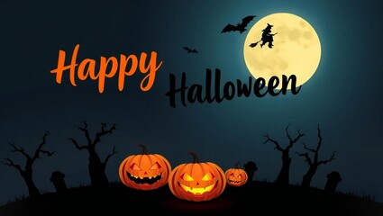 Spooky halloween night with glowing pumpkins and witch flying across the moon