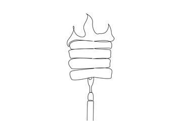 Continuous one line drawing several pieces of meat skewered with grilling forks and glowing flames. Meat cooked perfectly. Sirloin. National Barbecue Day. Single line draw design vector illustration