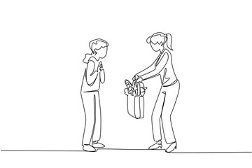 Single one line drawing a woman carries a grocery bag for a grandma. Helping an elderly neighbor. Care. National Do Something Good for Your Neighbor Day. Continuous line design graphic illustration