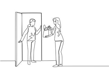 Single continuous line drawing grandmother holds doorknob and woman carrying a grocery bag. Caring for others. National Do Something Good for Your Neighbor Day. One line design vector illustration