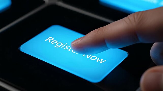 Finger Pressing Glowing Register Now Button - Close-up shot of a finger about to press a vibrant blue "Register Now" button.