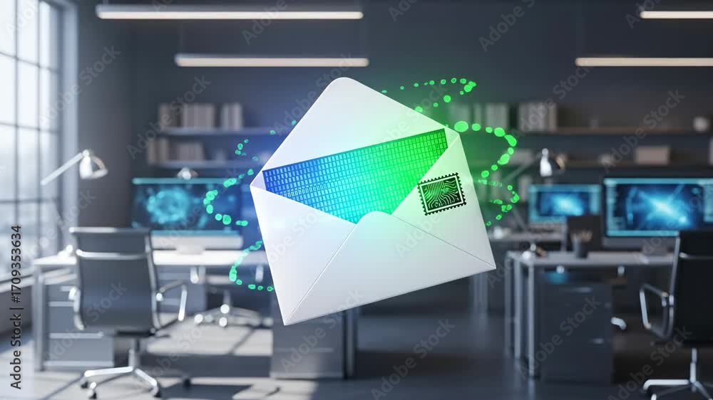 Poster digital communication: floating envelope in modern office - a glowing digital envelope floats in a m