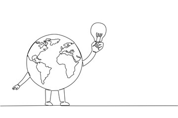 Single one line drawing globe character holding a light bulb. Unique and funny character. Energy dependency. Brighten the earth. International Day of Light. Continuous line design graphic illustration