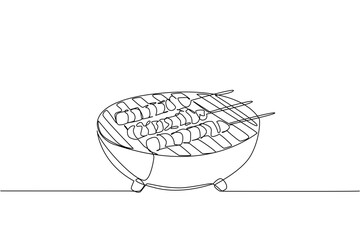 Single continuous line drawing barbecue grill with sliced ​​beef skewers and colorful peppers. A combination of delicious spicy sweet savory. National Barbecue Day. One line design vector illustration