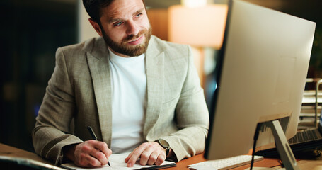 Writing, night and man in office with desktop, idea or word planning for screenplay. Concentration,...