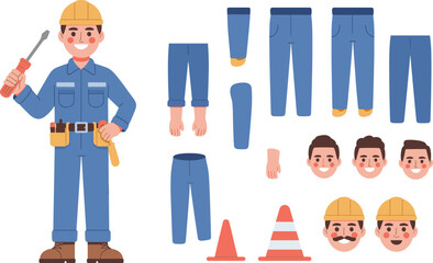 Construction worker character set, male builder in uniform with helmet, tools, safety equipment, handyman illustration, laborer poses, repairman animation design