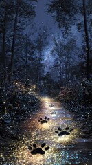 Obraz premium Enchanting Pathway Through a Forest Illuminated by Glowing Fireflies at Twilight