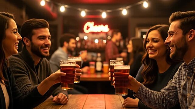 Friends Toasting Beer at Cozy Bar - Happy friends celebrate together at a dimly lit bar, clinking beer pints and enjoying each other's company.