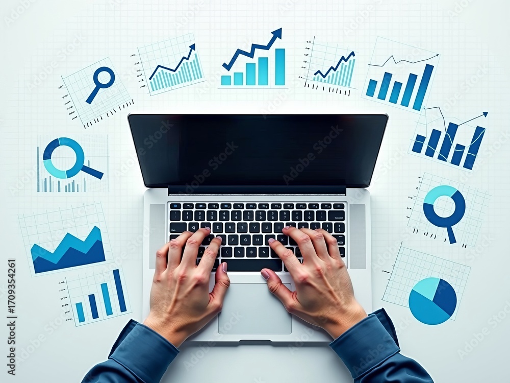 Poster digital marketing analysis concept with hands typing on laptop surrounded by data charts and graphs 