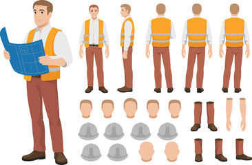 Male construction worker character set, man engineer in safety vest holding blueprint, architect illustration, professional builder design, laborer animation pack