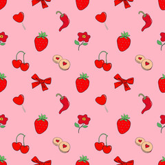 Cute red elements such as strawberry, cherry, chili, bow, lollipop on pink background.