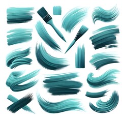 A set of turquoise brush strokes isolated on white background .