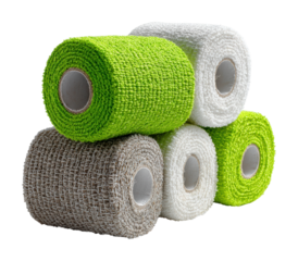 Medical supplies action colorful bandage rolls in environment isolated on transparent background