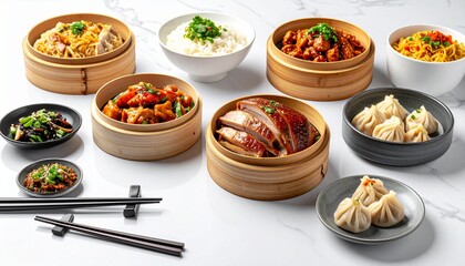 Assorted Asian Cuisine: Noodles, Rice, Duck, Dumplings, and Vegetables on Marble Surface