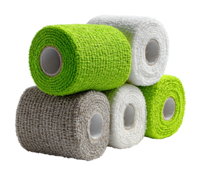 Medical supplies action colorful bandage rolls in environment isolated on transparent background