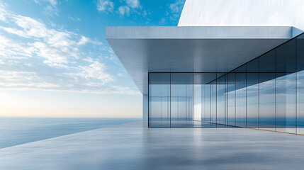 Obraz premium Transparent glass architectural structure with industrial concrete floor, futuristic office building interior, sleek modern lines and luxury residential design, contemporary illustration for real esta