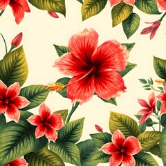 Vibrant red hibiscus flowers and buds, surrounded by lush green leaves, creating a floral pattern.