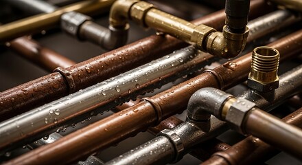 Intricate industrial plumbing network of copper, brass, and silver pipes with glistening water droplets, showcasing complex connections and efficient engineering