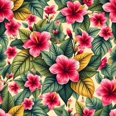A vibrant, repeating pattern of pink hibiscus flowers with red centers, surrounded by lush green and yellow leaves on a light background.
