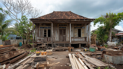 Old wooden house with weathered facade and tiled roof