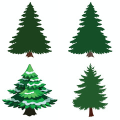 Collection of four stylized evergreen trees with snow accents on a white background