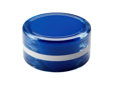 Blue transparent cylindrical object with white stripe image