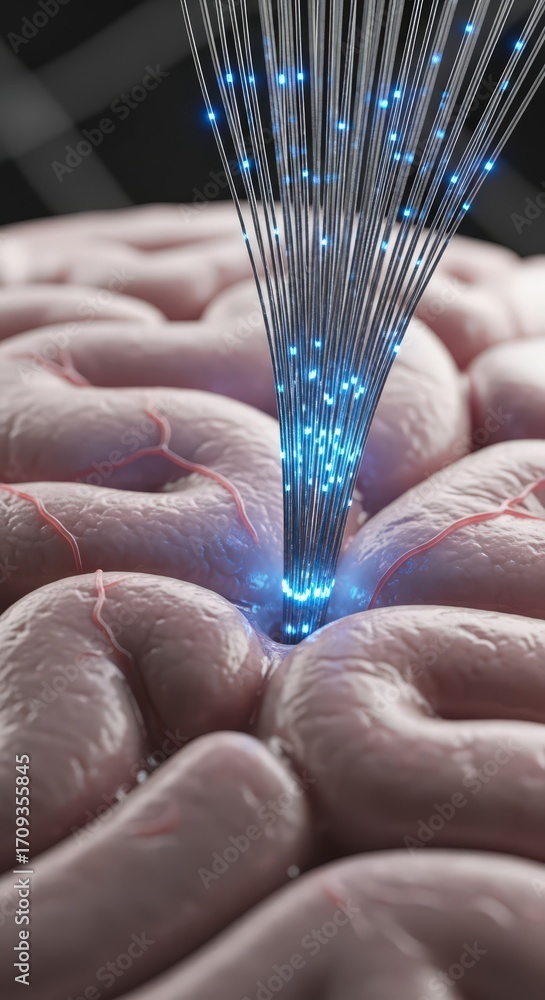 Poster conceptual image of fiber optic cables entering a brain, representing data transfer, artificial inte