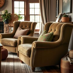 Obraz premium Two plush olive-green armchairs in a cozy living room, featuring patterned cushions and natural elements.