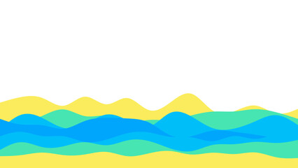 Abstract layered wavy background in blue, green, and yellow, resembling a tranquil landscape or fluid motion. Ideal for modern design, web headers, or nature concepts.