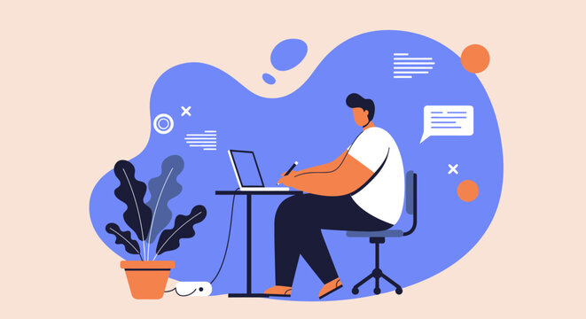 Focused individual working remotely on a laptop, engaged in digital communication, creative tasks, or online learning. Modern productivity and flexible work concept.