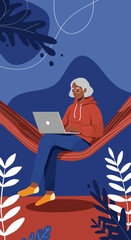 Obraz premium Senior woman relaxing in a hammock, working remotely on her laptop amidst a stylized nature setting. Represents modern leisure and work-life balance.