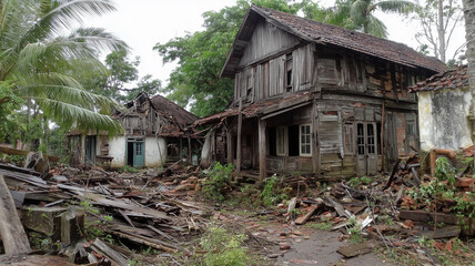 Dilapidated wooden houses overgrown with vegetation