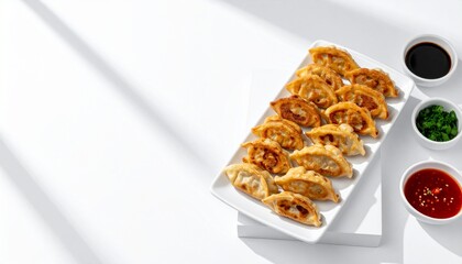 Delicious Fried Gyoza Dumplings on White Plate with Soy Sauce and Chili Sauce, Minimalist Style