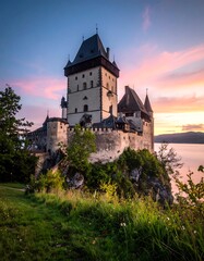 Obraz premium Medieval castle at sunset overlooking lake