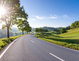 Fototapeta premium Scenic road winding through green hills on a sunny day.