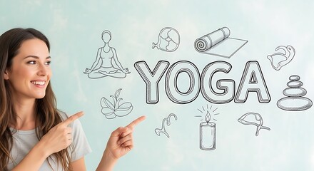 Young Woman Smiling Pointing at Yoga Text with Meditation and Wellness Icons