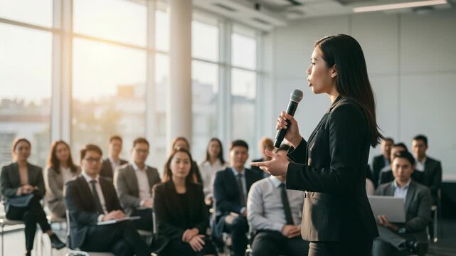 Asian woman presenting to a business audience