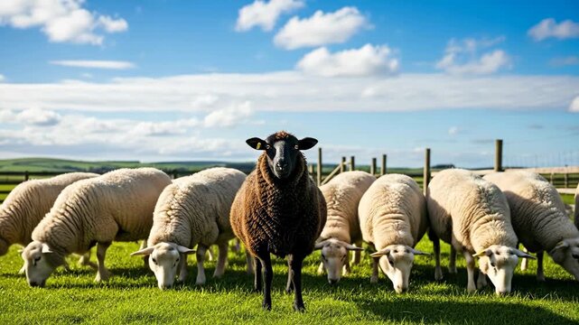 Black Sheep Among White Sheep in a Green Pasture - A single black sheep stands out prominently in a flock of white sheep grazing peacefully in a lush green field under a bright, sunny sky.