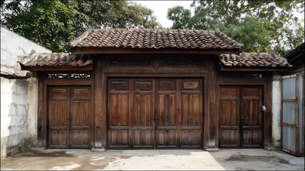 Traditional wooden gate with tiled roof