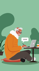 Stylish senior man works on laptop outdoors, creating a marketing presentation; flat design illustration perfect for landing page banner, web design, or infographic.