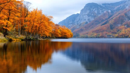 Vibrant autumn foliage reflecting in a serene mountain lake